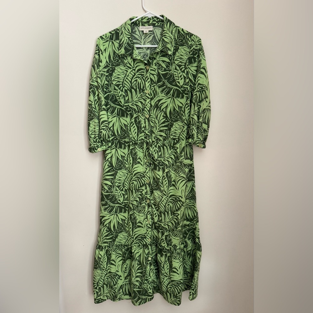Appleseed’s Tropical Green Leaf Print Button Front Midi Dress Women’s Size 8